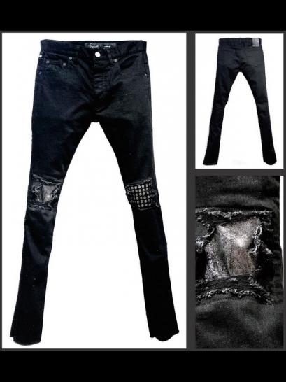 FAGASSENT　"21SS-STUDS" Black stone-washed denim with silver leather & Studs repa